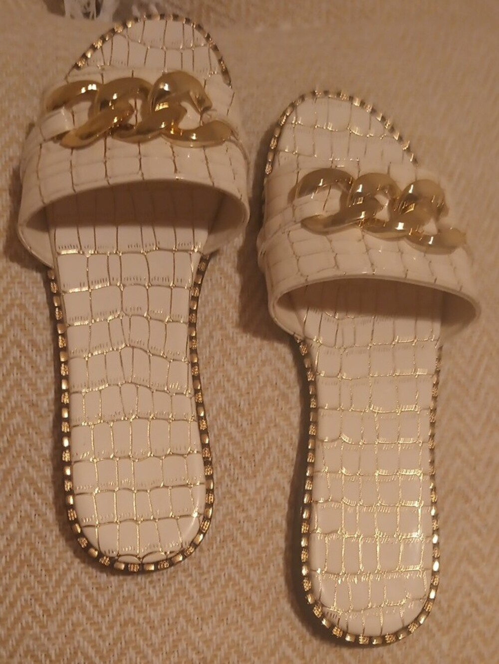 White Croc-Embossed Slide Mules with Gold Chain Accent - Picture 2 of 3